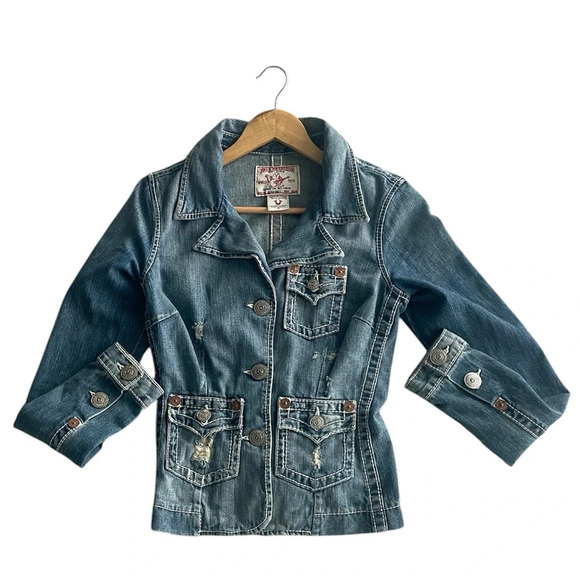 True Religion Distressed Moto Blue Denim Women's Jacket Size Small - Picture 8 of 8